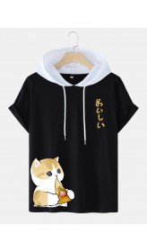 Mens Pizza Cat Japanese Print Short Sleeve Hooded T  Shirts