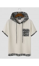 Mens Monochrome Geometric Print Splice Texture Short Sleeve Hooded T  Shirts