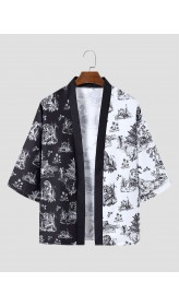 Mens Two Tone Tiger Print Hit Trim Front Open Kimonos