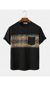 Mens Tribal Geometric Print Patchwork Pocket Short Sleeve T  Shirts