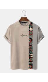Mens Letter Geometric Print Patchwork Mock Neck Short Sleeve T  Shirts