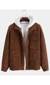 Men Corduroy Vintage Solid Color Button Collar Pockets Casual Jackets