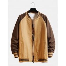 Mens Contrast Zip Front Baseball Collar Raglan Sleeve Cotton Jacket