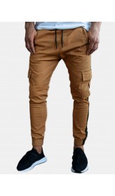 Men Side Striped Cargo Side Pocket Drawstring Elastic Waist Casual Jogger Pants