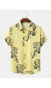 Mens Tiger Graphic Lapel Collar Short Sleeve Soft Comfy Shirts