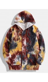 Men Corduroy Tie  dye Hooded Button Pockets Plush Lined Street Hooded Jackets