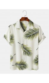 Mens Tropical Leaves Pattern Side Split Buttons Up Shirts
