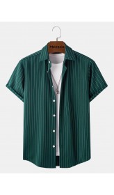 Mens Vertical Stripe Button Up Daily Short Sleeve Shirts