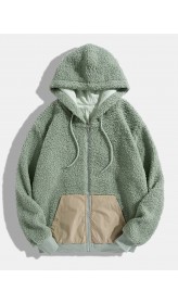 Men Teddy plush Patch Pocket Full Zip Hooded Drawstring Jackets