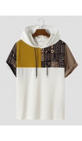 Mens Tribal Patchwork Printed Short Sleeve Hooded T  Shirts