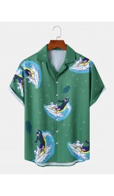Mens Surfing Male Print Hem Cuff Short Sleeve Shirts