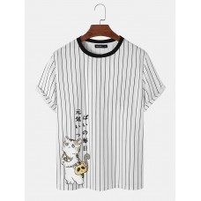 Mens Striped Cartoon Cat Print Short Sleeve T  Shirts