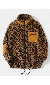 Men Leopard Fleece Patch Pocket Stand Collar Drawstring Hem Jackets